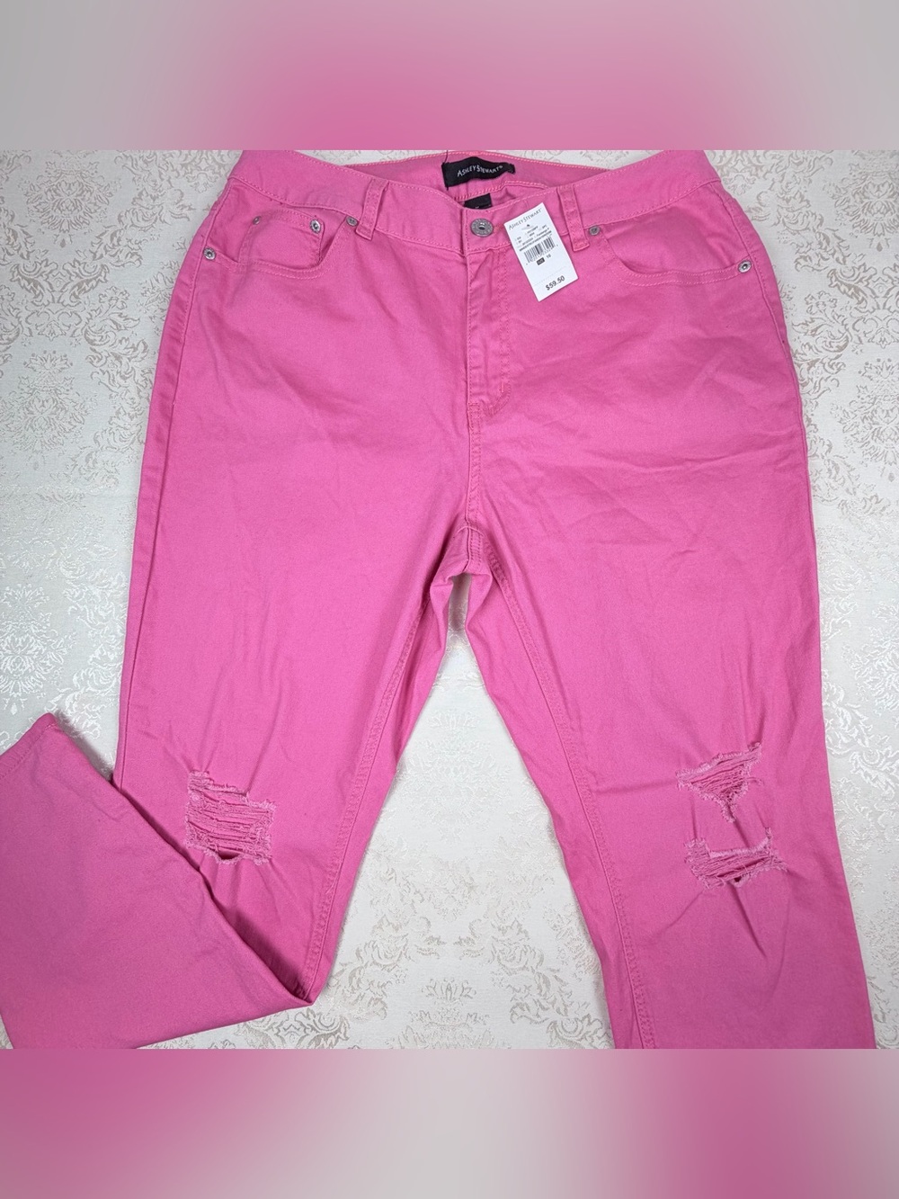 Ashley Stewart Bright Pink Distressed Skinny Jeans, NWT, Cotton, 16